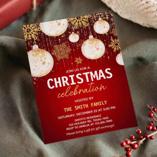 Convite Festa de Natal Festiva Dourada Balls Red Holiday (Gold Balls Red Festive Holiday Christmas Party Invitation)