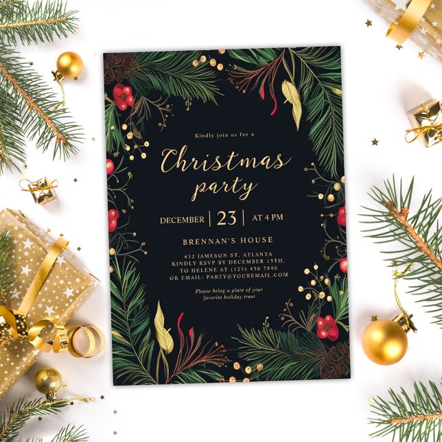 Convite Festa de Natal Festiva Greenery Botânico (Elegant Holiday Wreath Christmas Party Invitation)