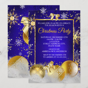 Convite Festa de Natal Floco de Neve Azul Real Dourado Enf