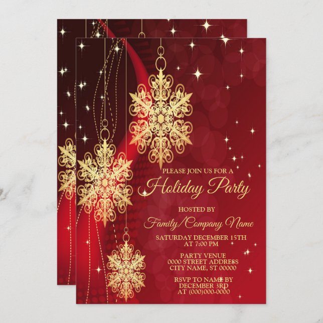 Convite Festa de Natal Flocos de Neve do Ouro Vermelho (Frente/Verso)