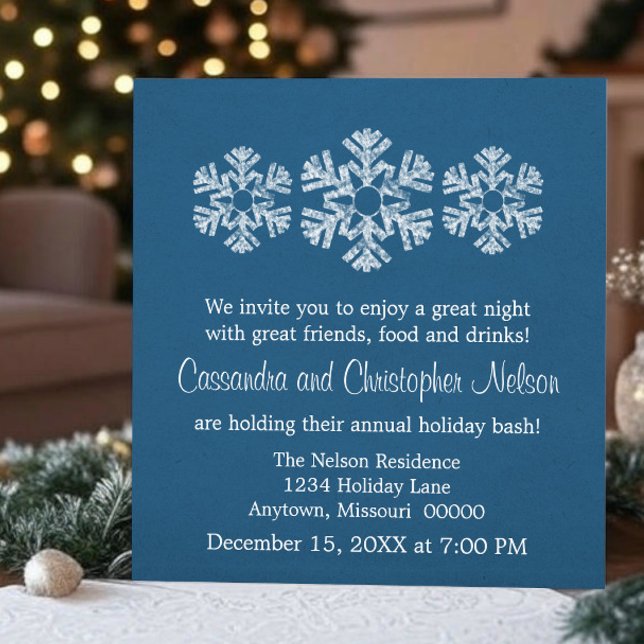 Convite Festa de Natal Flocos de Neve Feriados, Azul (Blue Holiday Snowflakes Christmas Party Invitation)