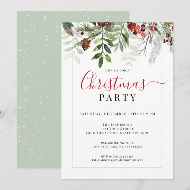 Convite Festa de Natal Floral com Vegetação em Aquarela (Frente/Verso)