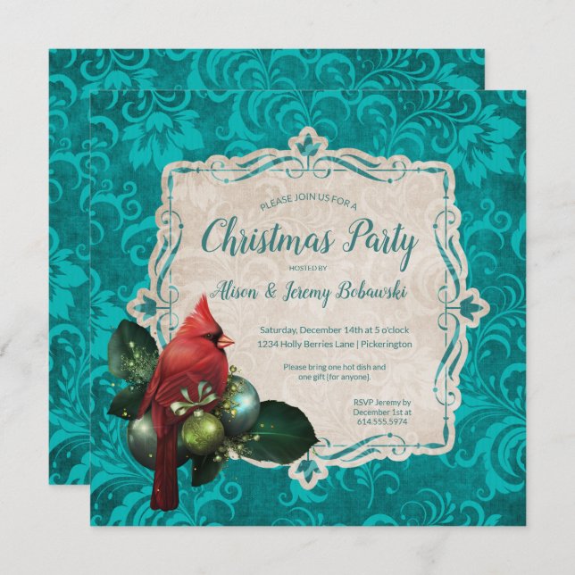 Convite Festa de Natal Floral do Cardeal e do Teal Blue (Frente/Verso)
