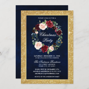 Convite Festa de Natal Floral Dourada com Aquarela