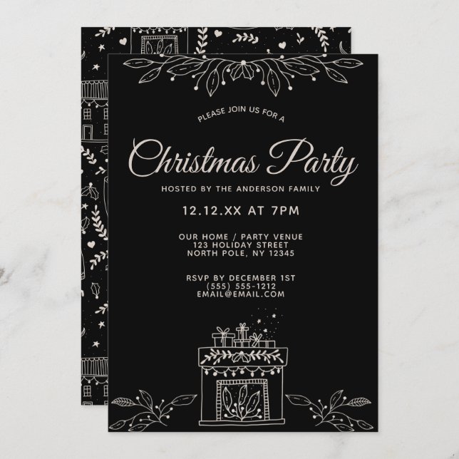 Convite Festa de Natal Floral Negra e Branca (Frente/Verso)
