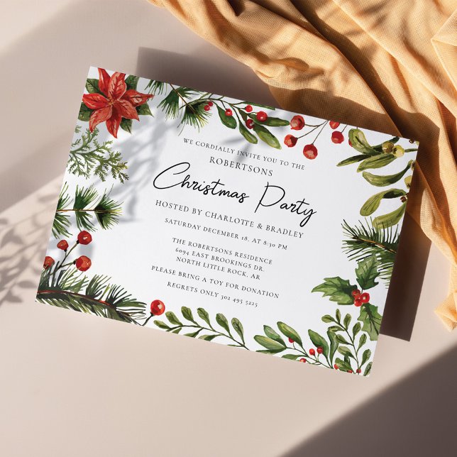 Convite Festa de Natal Floral Red Berries Greenery (Poinsettia Mistletoe Christmas Party Invitation)