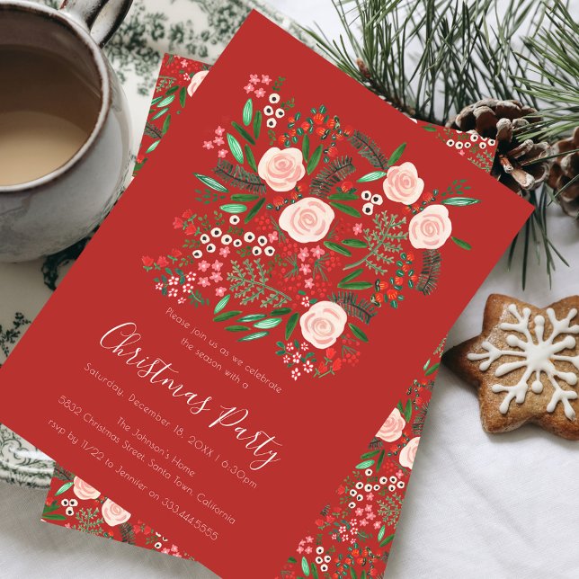 Convite Festa de Natal Floral Red Botanical (Floral Red Botanical Christmas Party Invitation)