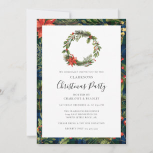Convite Festa de Natal Floral Wreath Xadrez Tartan