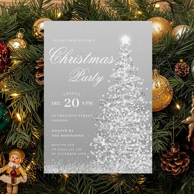Convite Festa de Natal Formal de Prata de Inverno  (Formal Silver Winter Christmas Tree Holiday Party Invitation)