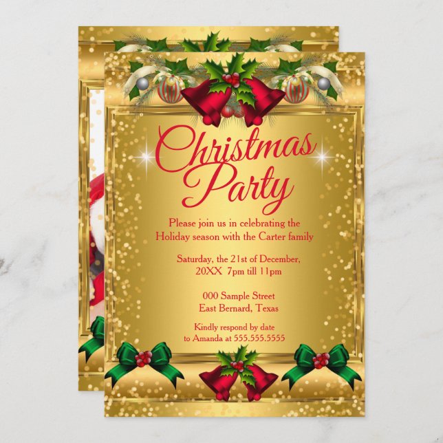 Convite Festa de Natal  Foto Dourado Vermelho (Frente/Verso)