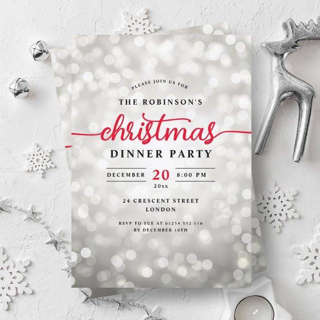 Convite Festa de Natal Glamorosa Silver Luzes de Janto (Glamorous Silver Lights Christmas Dinner Party Invitation)
