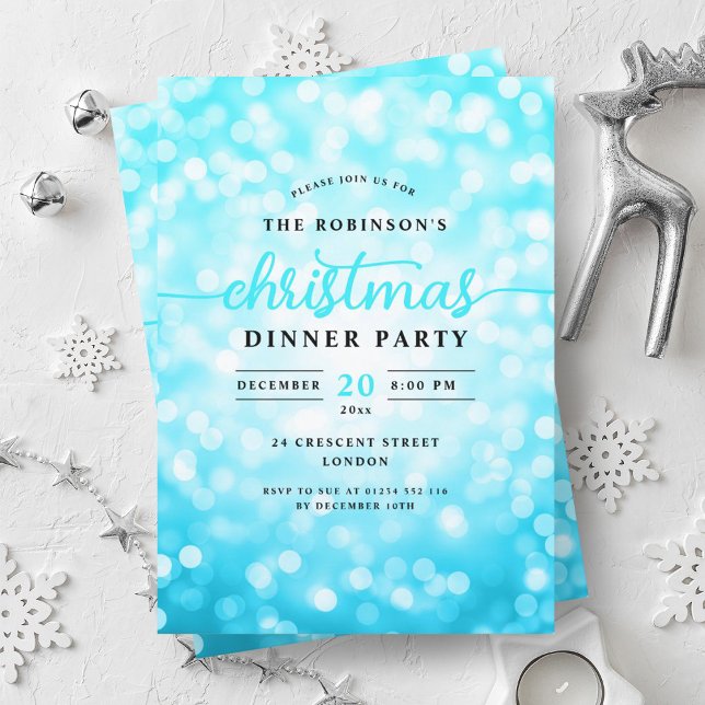 Convite Festa de Natal Glamorosa Turquoise Lights (Glamorous Turquoise Lights Christmas Dinner Party Invitation)