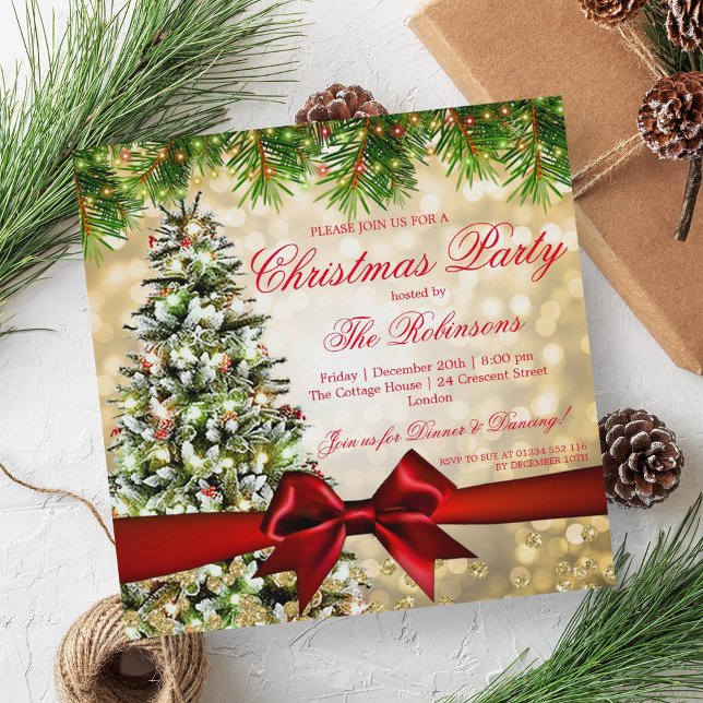 Convite Festa de Natal | Glitter de Faixa de Árvore do Xma (Christmas Party | Xmas Tree Ribbon Glitter Gold Invitation)
