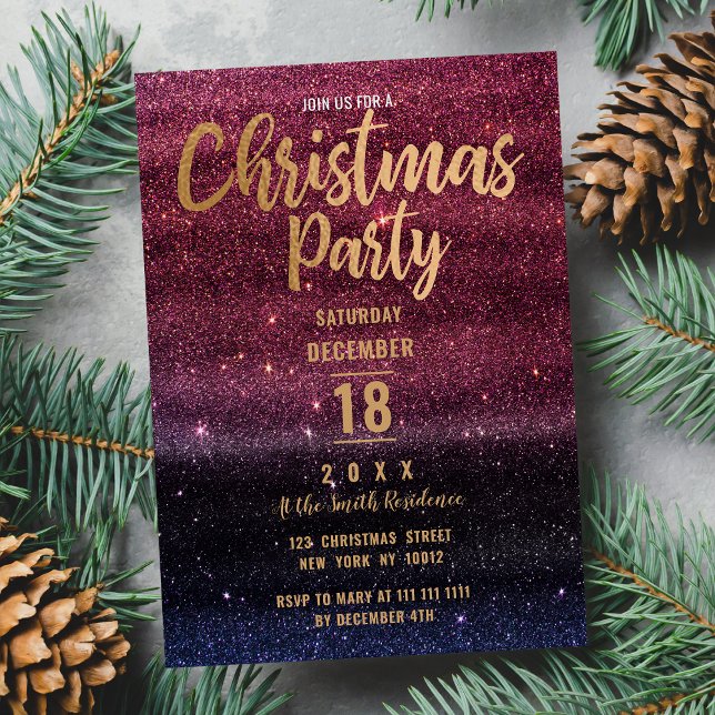 Convite Festa de Natal Glitter Gradiente Negro (Black Burgundy Gradient Glitter Christmas Party )