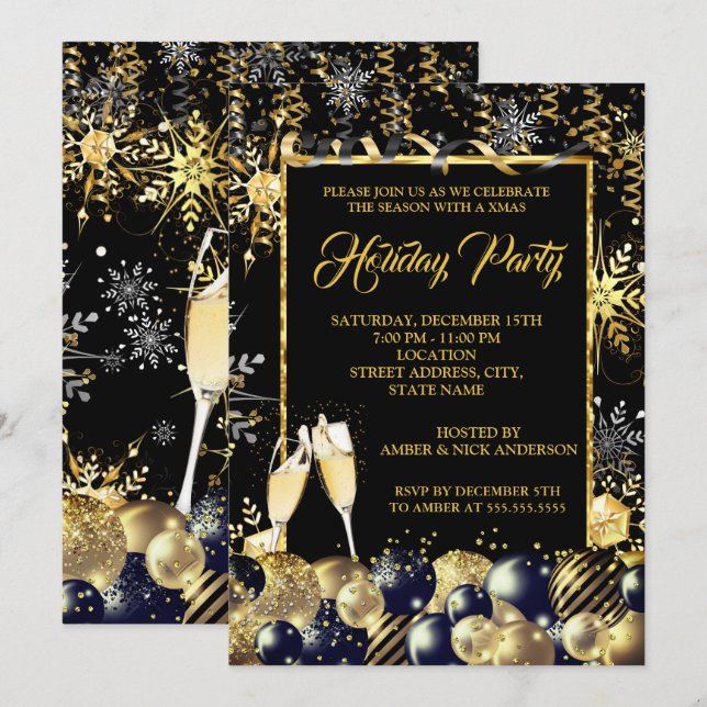 Convite Festa de Natal Gold Black Flocos de Neve (Frente/Verso)