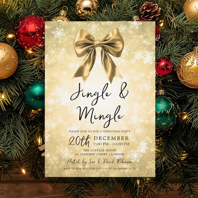 Convite Festa de Natal Gold Jingle & Mingle Arco & Neve (Gold Jingle & Mingle Christmas Party Bow & Snow Invitation)