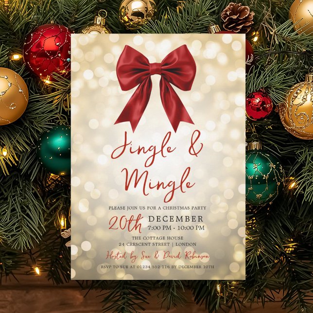 Convite Festa de Natal Gold Jingle Mingle com Luzes e Laço (Gold Jingle Mingle Christmas Party Red Bow Lights Invitation)