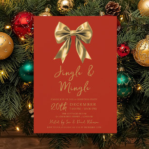 Convite Festa de Natal Gold Jingle & Mingle Laço Vermelho