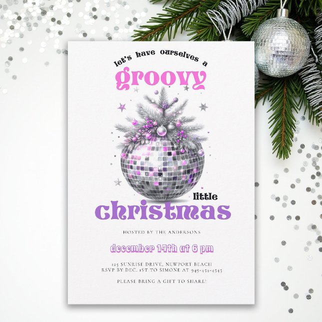 Convite Festa de Natal Groovy Disco Ball Rosa (christmas party invitation corporate business disco ball groovy 70s hot pink black elegant fun)