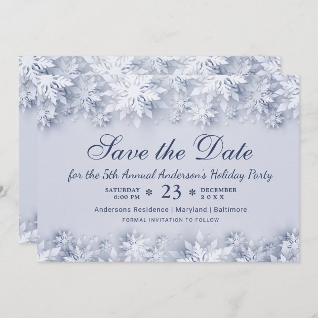 Convite Festa de Natal Holiday com Flocos de Neve Elegante (Frente/Verso)