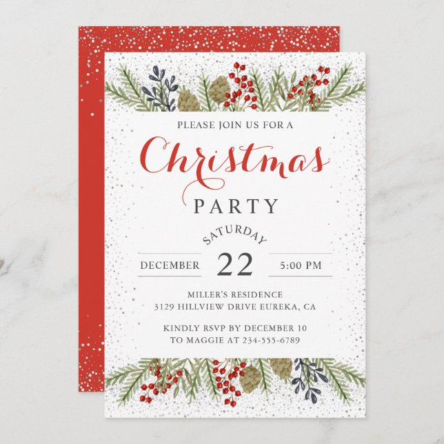 Convite Festa de Natal Holiday Holly Berries (Frente/Verso)