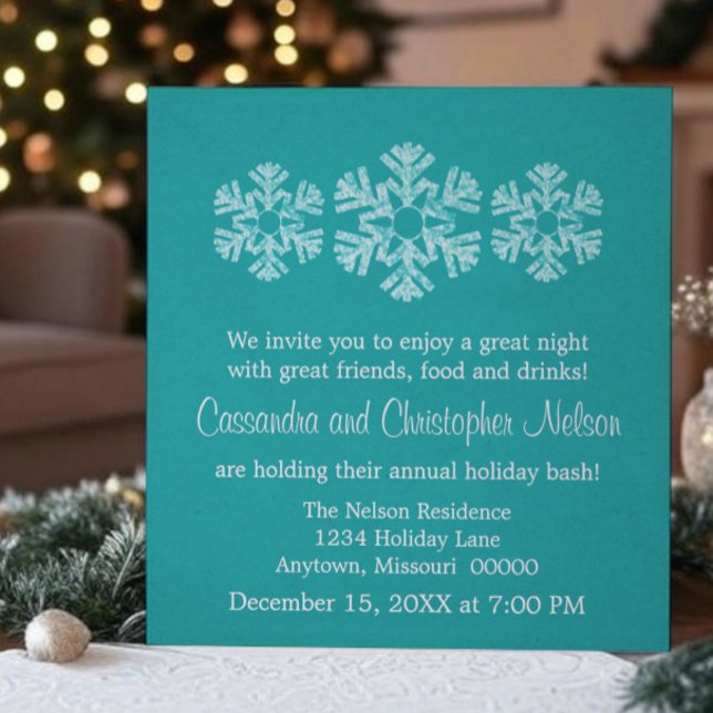 Convite Festa de Natal Holiday Snowflakes, Teal (Teal Holiday Snowflakes Christmas Party Invitation)