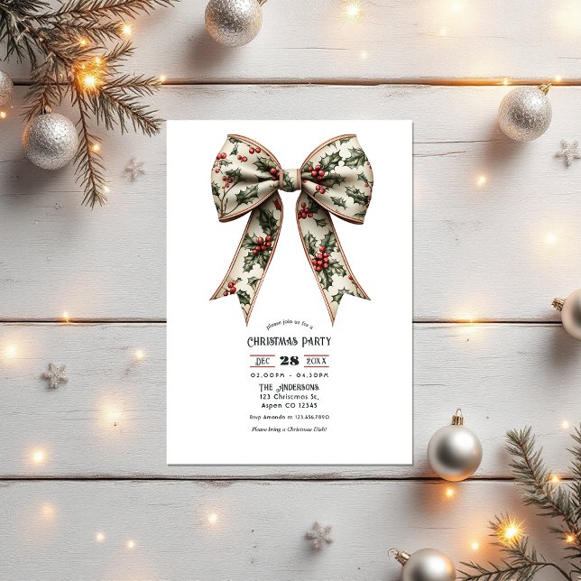 Convite Festa de Natal Holly Arco Feriado (Holly Bow Holiday Christmas Party Invitation)