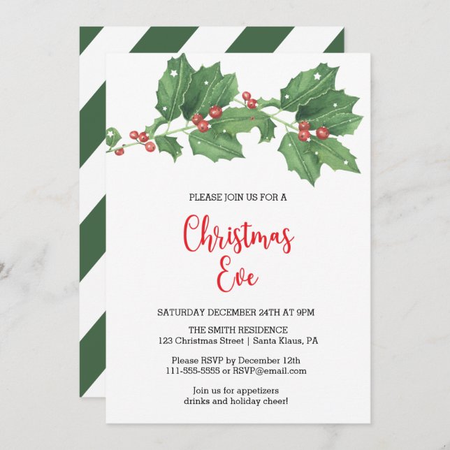 Convite Festa de Natal Holly Wreath (Frente/Verso)