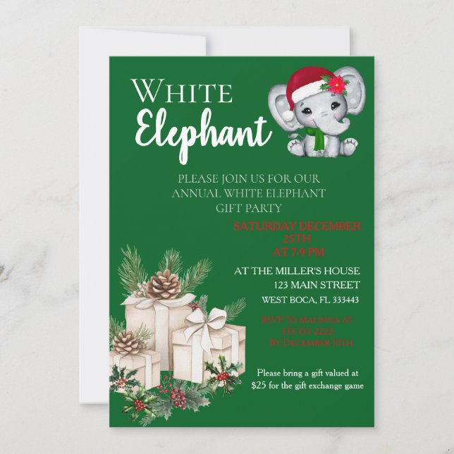 Convite Festa de Natal infantil Elefante Branco Moderno  (Frente)
