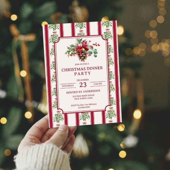 Convite Festa de Natal janta faixas de retrorreflectores v (Christmas dinner party red retro stripes pine winter greenery bow invitation cards template)