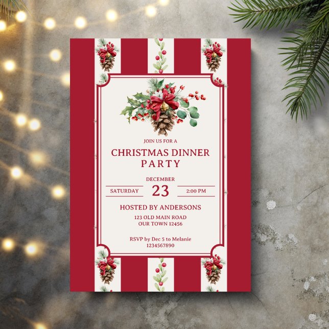 Convite Festa de Natal janta faixas de retrorreflectores v (Christmas dinner party red retro stripes pine cone bow winter greenery elegant party invitation card)