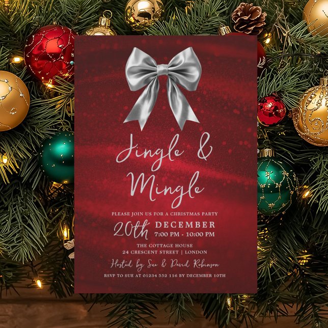 Convite Festa de Natal Jingle Mingle Arco Prata Vermelho (Jingle Mingle Christmas Party Silver Bow Red Invitation)