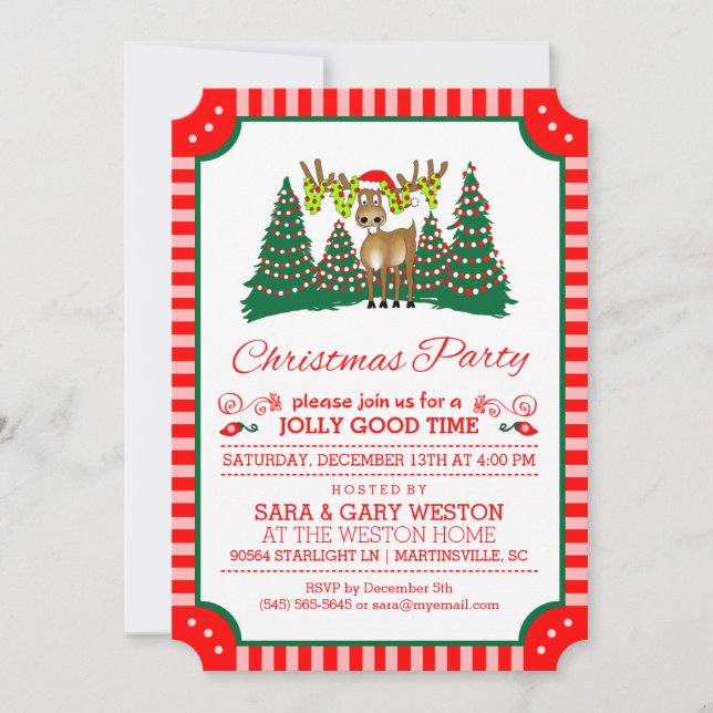 Convite Festa de Natal Jolly Good Time Reindeer Red White (Frente)