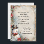 Convite Festa de Natal Jolly Snowman<br><div class="desc">Um boneco de neve alegre com um chapéu de cima e um cachecol vermelho com ornamentos balançosos é rodeado por flocos de neve e flores neste charmoso e rústico convite de festas de Natal. Bonita e antiquada, perfeita para as suas festas de férias. Remova o texto e ele é o...</div>