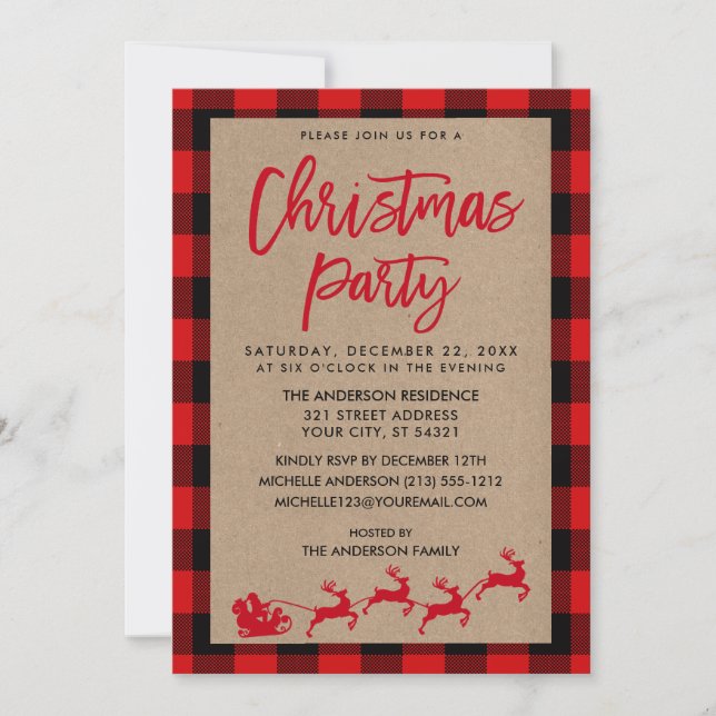Convite Festa de Natal Kraft Vermelho Tartan (Frente)