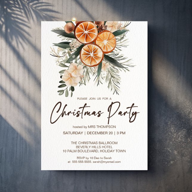 Convite Festa de Natal laranjas secas rústicas botânicas (Christmas Party rustic [ones dry oranges botanical Invitation template instant download)