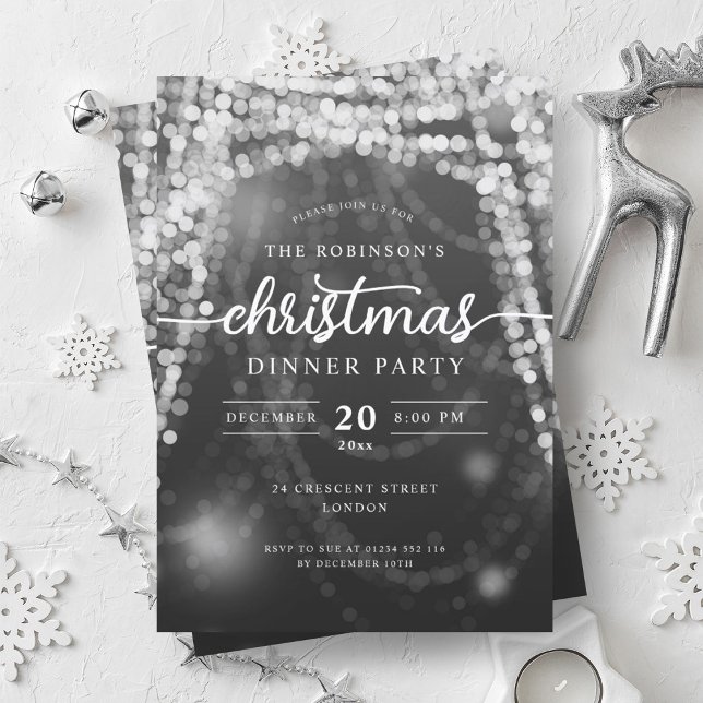Convite Festa de Natal Luxuosa Silver Winter Lights (Luxurious Silver Winter Lights Christmas Party Invitation)