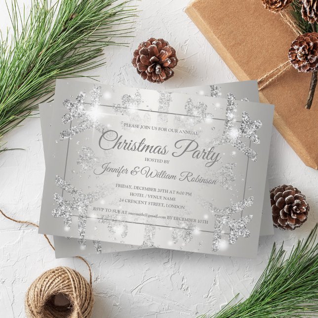 Convite Festa de Natal Luxuriosa do Silver Glitter Snow (Luxurious Silver Glitter Snow Xmas Holiday Party Invitation)