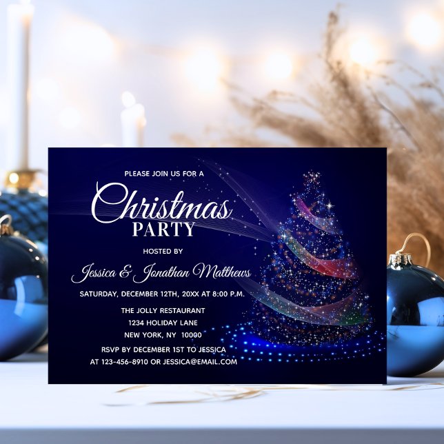 Convite FESTA DE NATAL Marinho Azul Brilhante Luzes de Nev (CHRISTMAS PARTY Navy Blue Twinkle Lights Snow Tree Invitation)