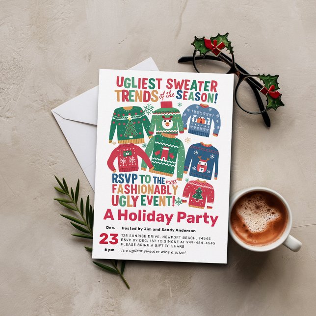 Convite Festa de Natal Máxima Moderna e Suplente (christmas party invitation ugly sweater modern maximalist happy cheerful family office)