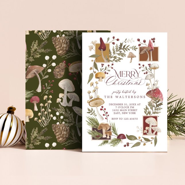 Convite Festa de Natal Meritíssimo Woodsy Woodland Mushroo (Merry Christmas Party Woodsy Woodland Mushroom Invitation)