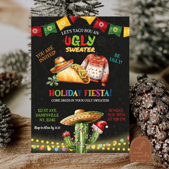 Convite Festa de Natal Mexicana de Taco de Suéter Feio (Criador carregado)