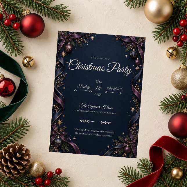 Convite Festa de Natal Midnight Navy & Plum (Criador carregado)