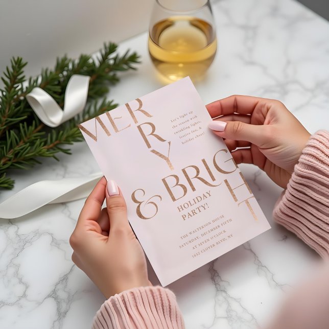 Convite Festa de Natal Mínima de Férias de feliz e Brilho (Merry & Bright Minimal Holiday Christmas Party Pink Invitation)