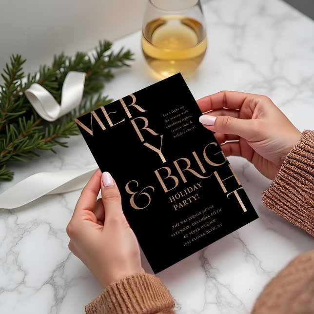 Convite Festa de Natal Mínima de Férias de feliz e Brilho (Merry & Bright Minimal Holiday Christmas Party Black Invitation)