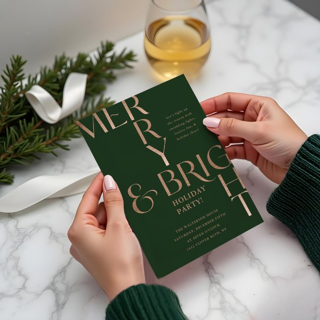 Convite Festa de Natal Mínima de Férias de feliz e Brilho (Merry & Bright Minimal Holiday Christmas Party Green Invitation)