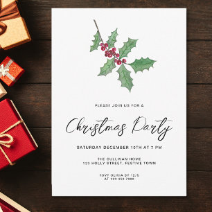 Convite Festa de Natal Modern Script Winter Holly Berries