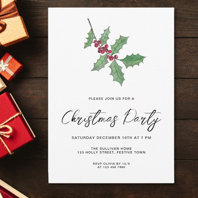 Convite Festa de Natal Modern Script Winter Holly Berries (Criador carregado)