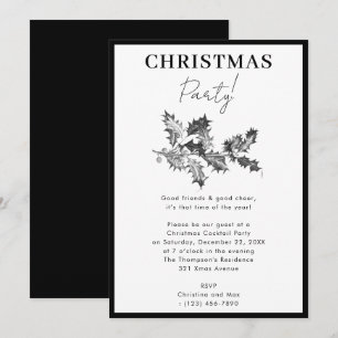 Convite Festa de Natal Moderna Black White Holly Berries