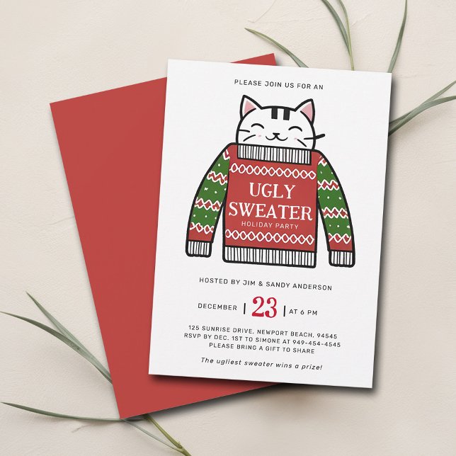 Convite Festa de Natal Moderna de Desenho de Gato Suave (christmas party invitation ugly sweater cute cat modern maximalist happy cheerful family office)